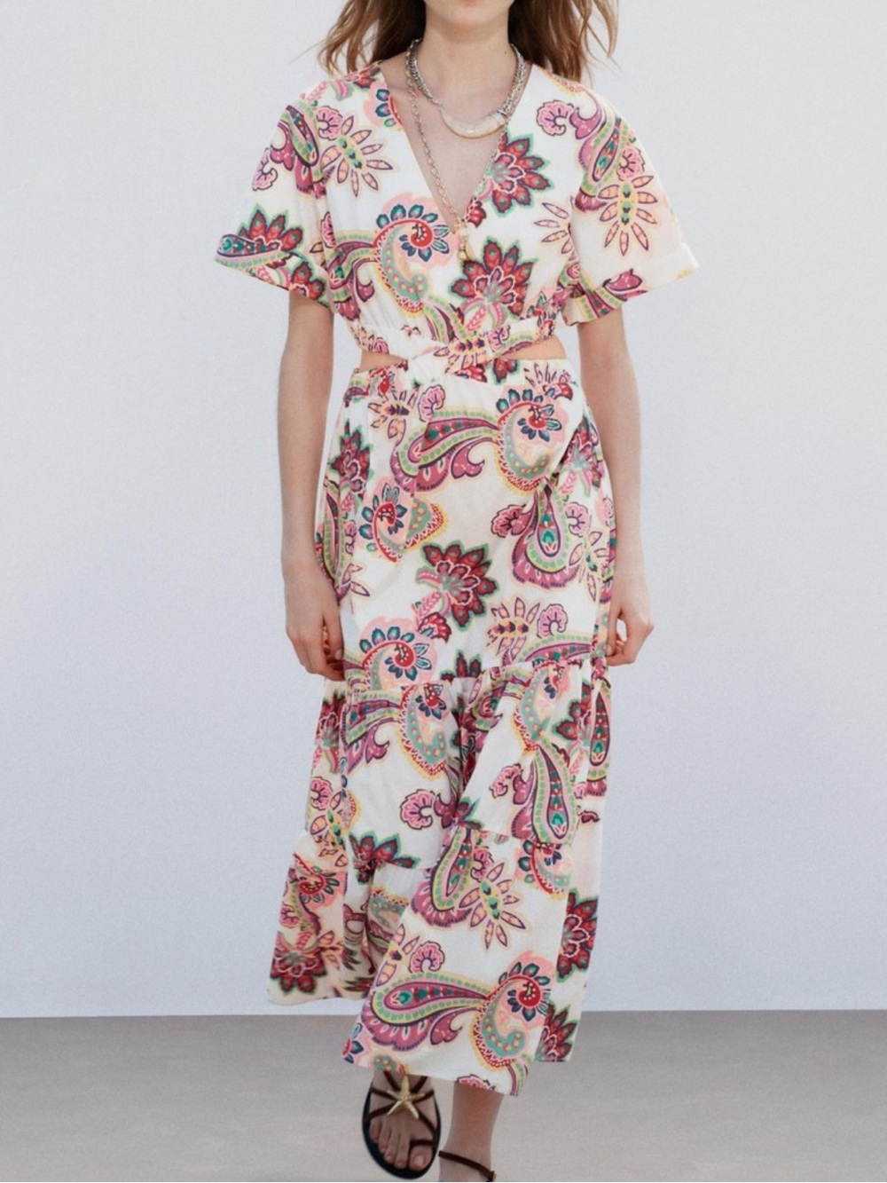 Zara Cream Paisley Maxi Dress with Pink & Green Accents